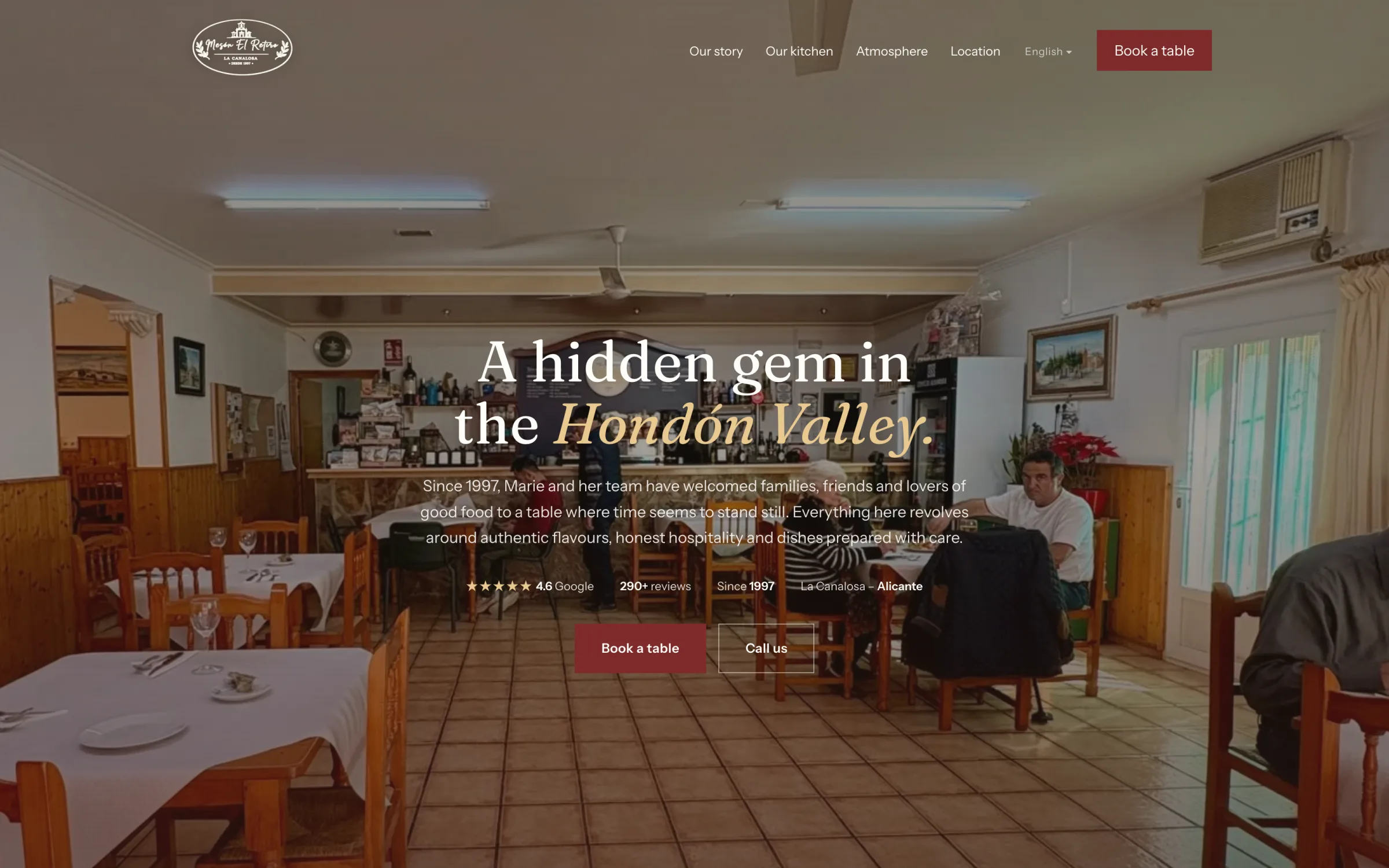 Mesón El Retiro — the first screen of the English homepage