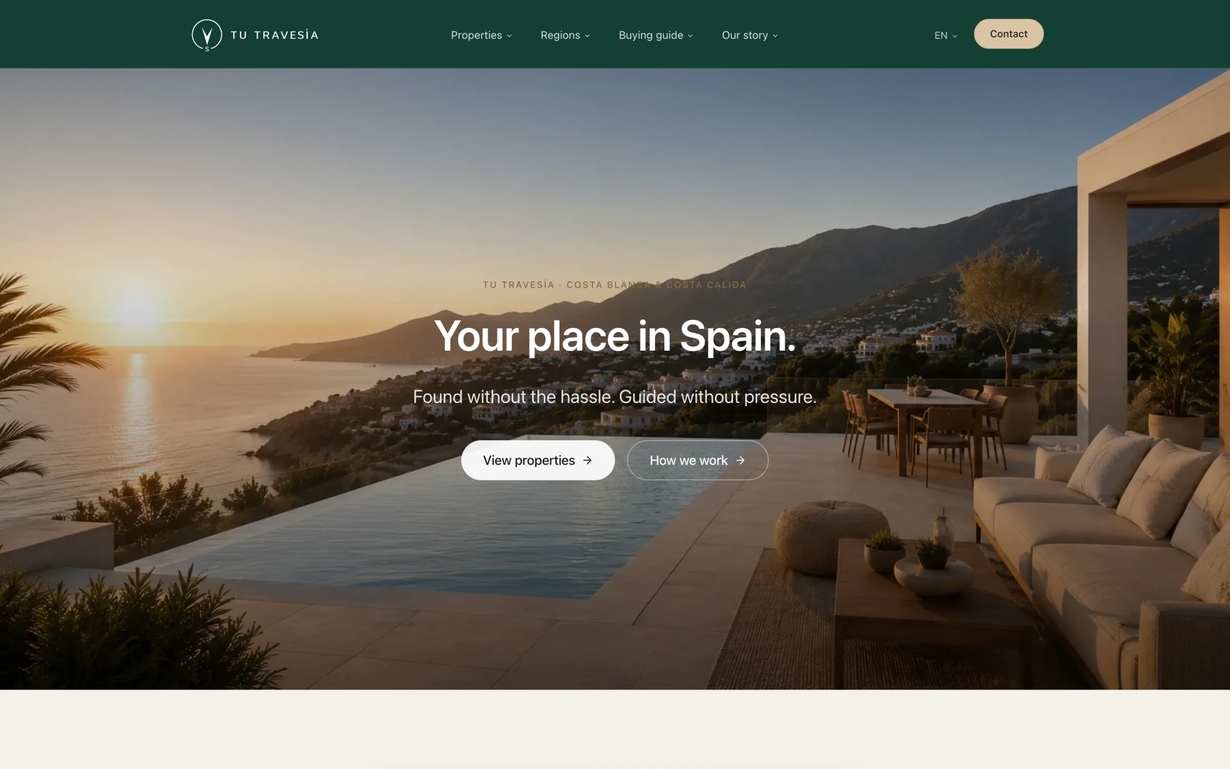 Tu Travesía — the first screen of the English homepage