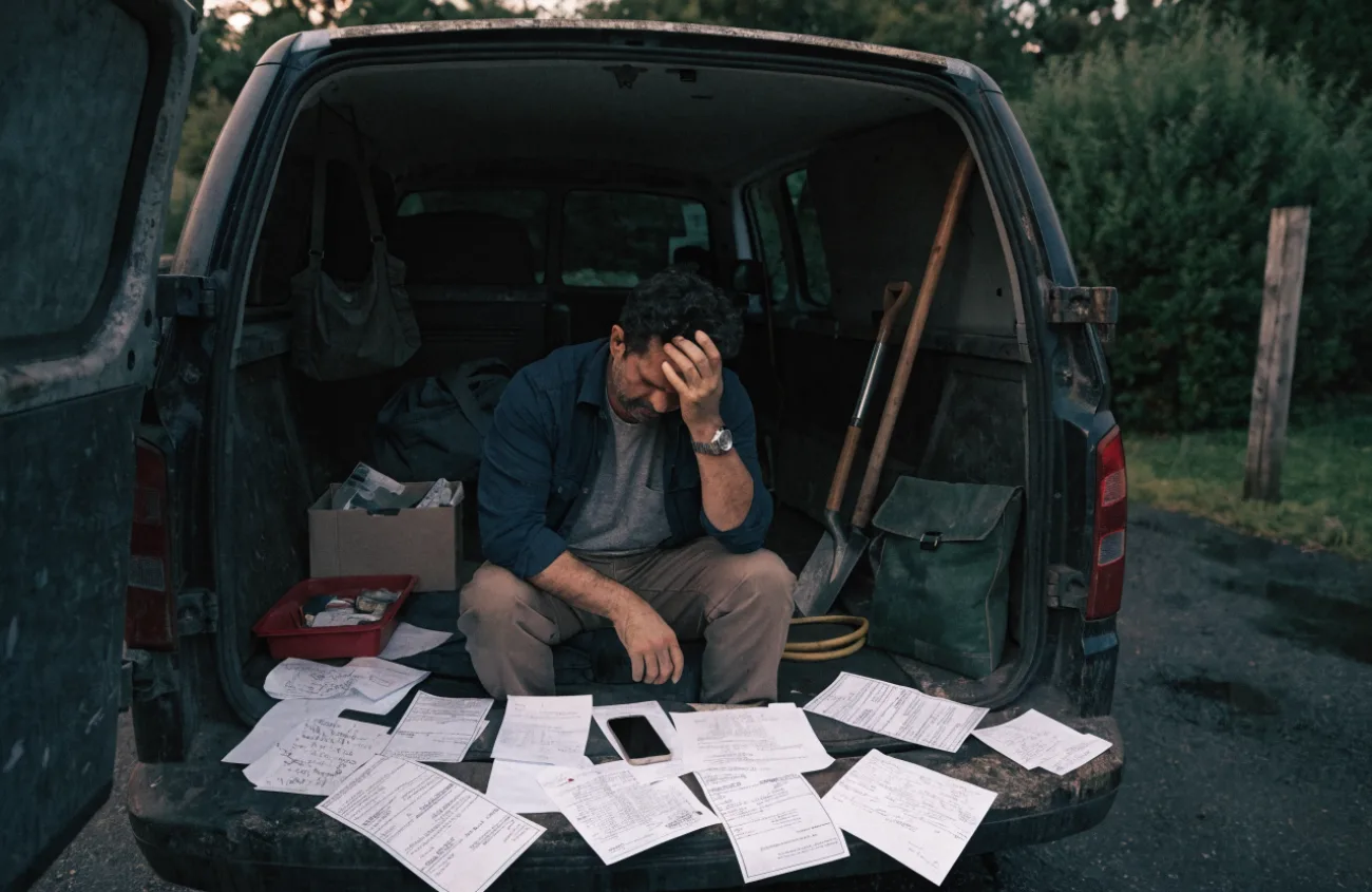 Hovenier met verspreide administratie, papierwerk en telefoon