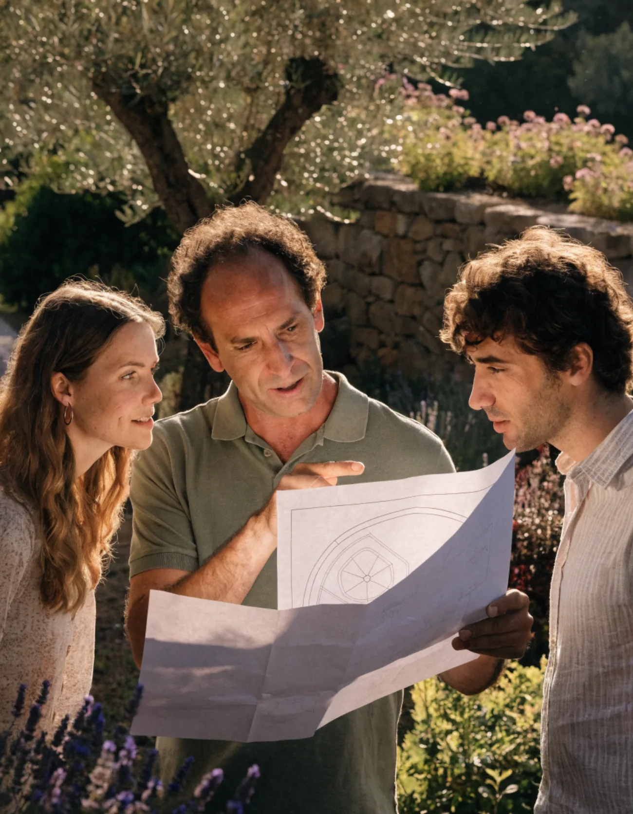 Hovenier bespreekt tijdens een plaatsbezoek het ontwerp van een tuin.