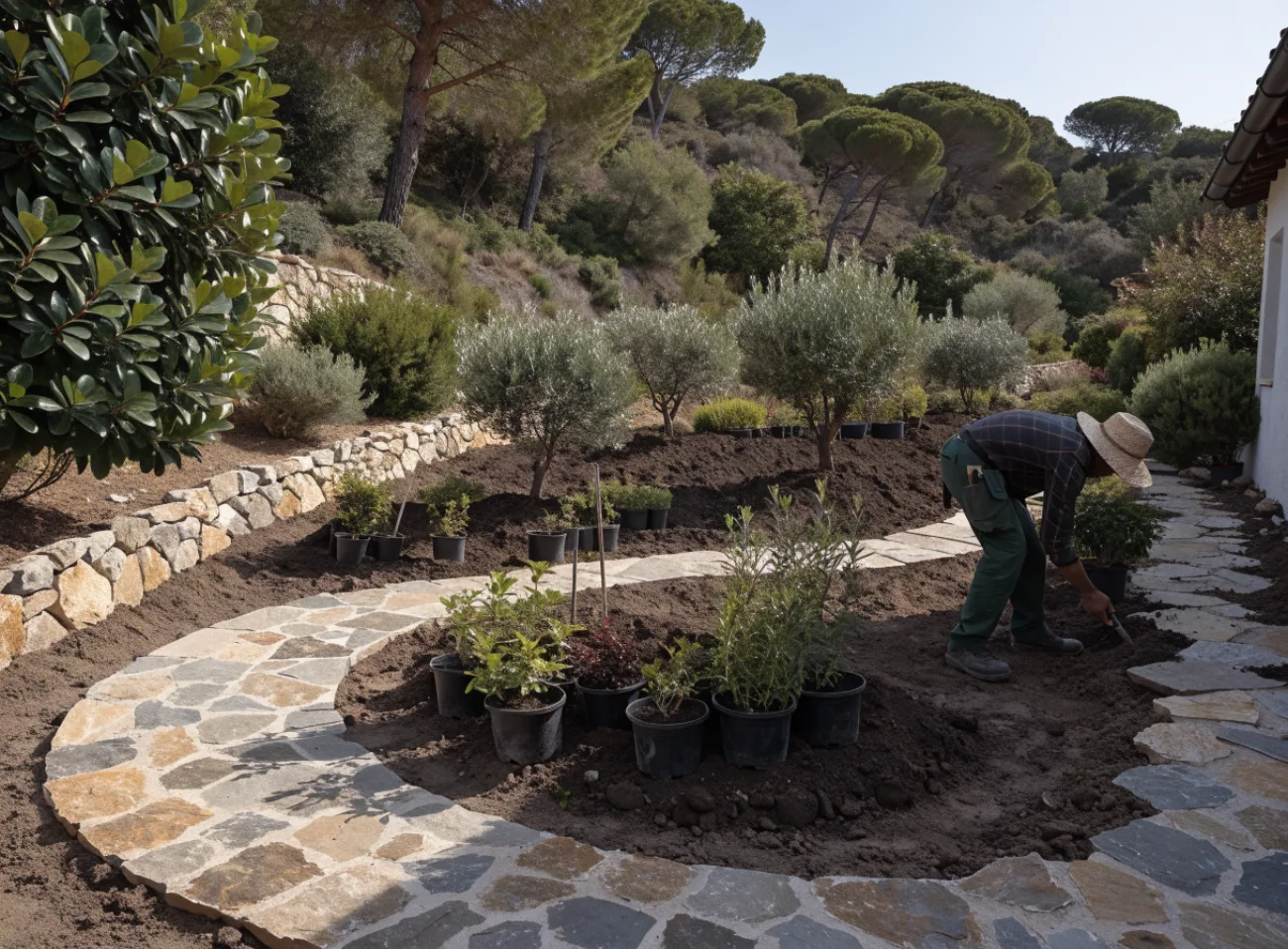 Tuin in aanleg met beplanting en natuursteen