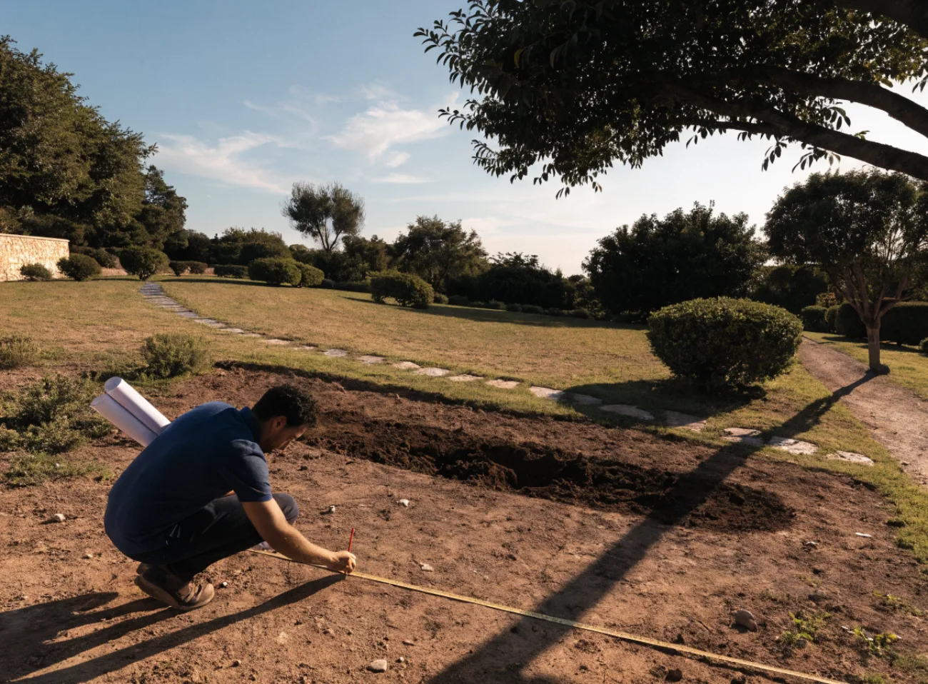 Zwembadbouwer meet de tuin op tijdens een plaatsbezoek